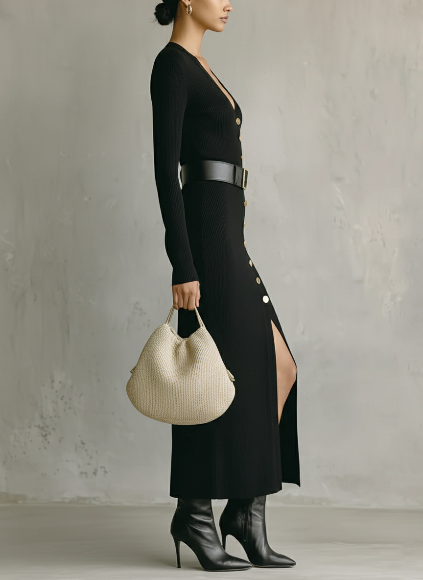 Women's Black Ribbed Knit V-Neck Slim Fit Maxi Dress MDA2840J4T