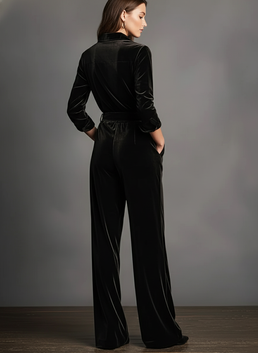 Women's Black Velvet Lace-up Elegant Gold Button Jumpsuit MDA2939J7I