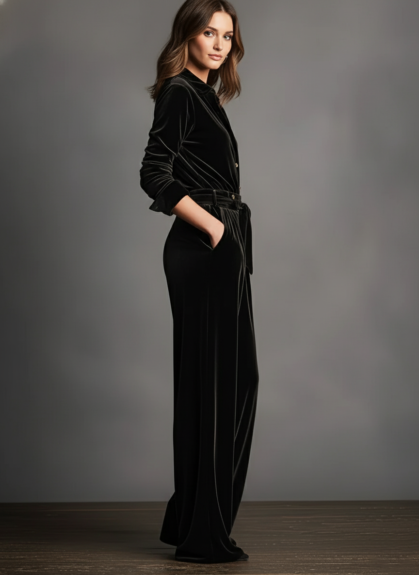 Women's Black Velvet Lace-up Elegant Gold Button Jumpsuit MDA2939J7I