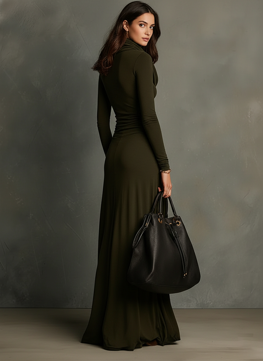 Women's Olive Green Draped Knit Maxi Dress With Cowl Neck & Flowy Hem, Timeless Elegant Dress MDA3013J5I