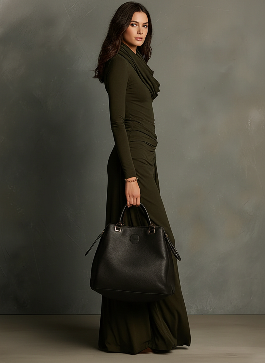 Women's Olive Green Draped Knit Maxi Dress With Cowl Neck & Flowy Hem, Timeless Elegant Dress MDA3013J5I