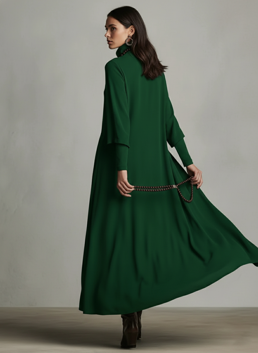 Women's Green Flowy Knit Elegant Maxi Dress With Cowl Neck & Draped Detailing, Boho-Chic Style Dress MDA3044J9I