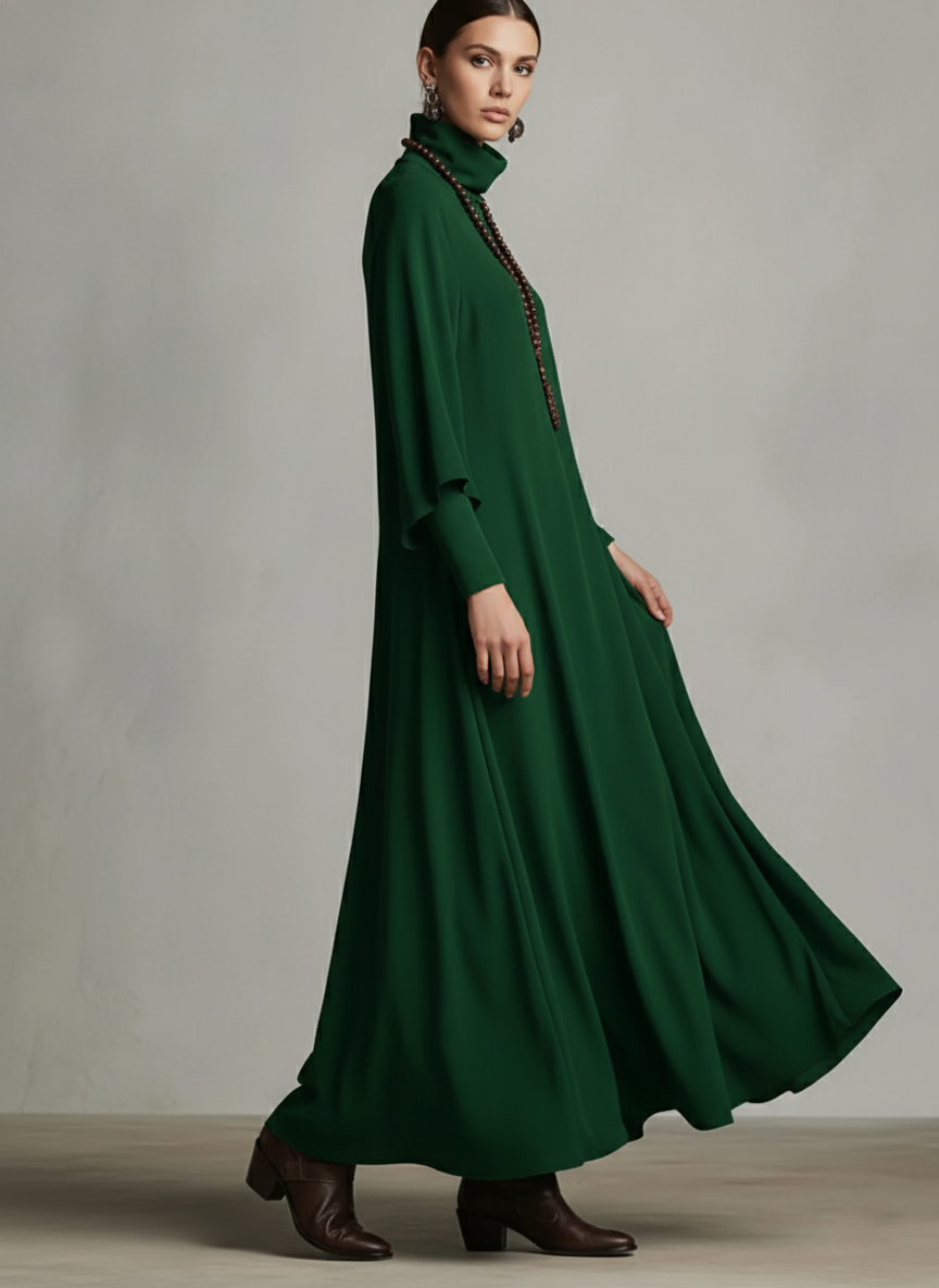 Women's Green Flowy Knit Elegant Maxi Dress With Cowl Neck & Draped Detailing, Boho-Chic Style Dress MDA3044J9I