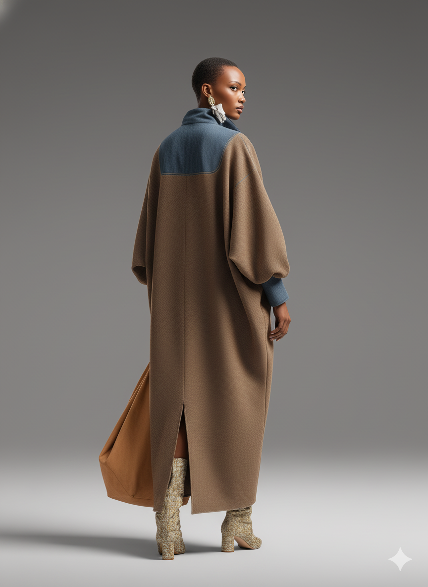 Women's Brown Double-Sided Brushing and Blue Denim Stand Collar Loose-Fitting Long Dress MDA0366K1T