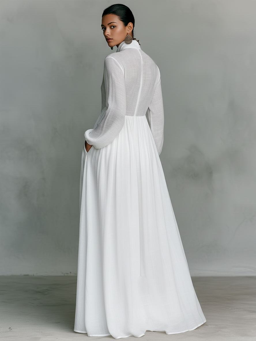 Women's Minimalist Cotton And Linen Patchwork Single-breasted Stand-up Collar Long-sleeved Maxi Dress MDA0658K6Y