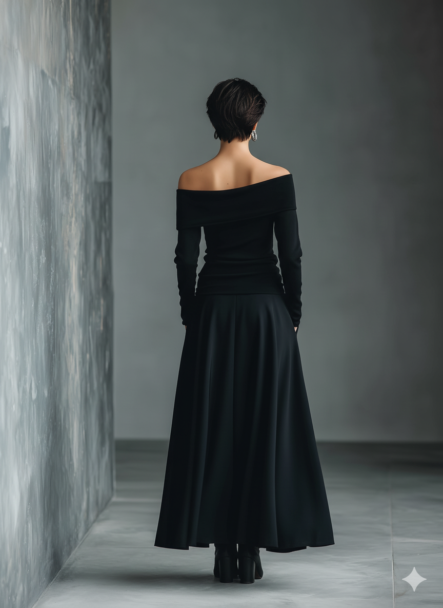 Women's Black Knit Off-Shoulder Fitted Top And Chiffon Skirt Set MDA1430K2T