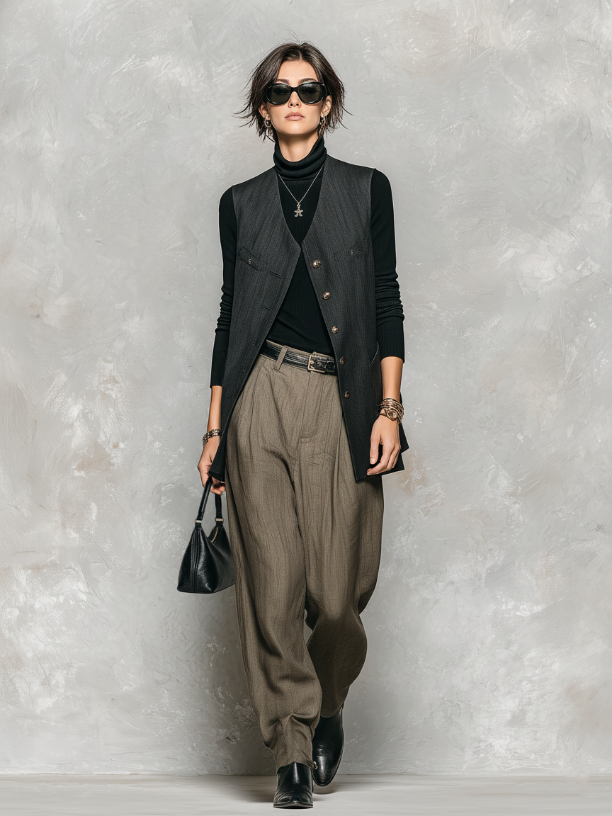 Women's Minimalist Cotton And Linen Vest And Trousers Set (belt Not Included) MDA2730K2Y