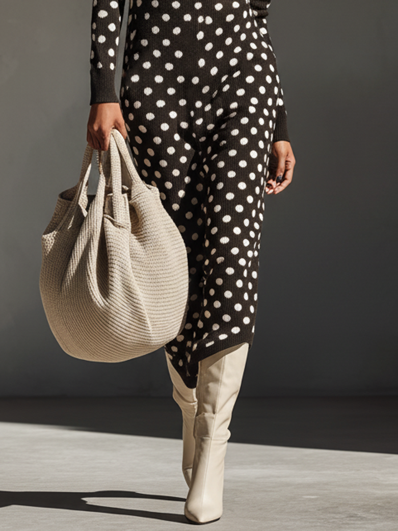 Women's Slim V-Neck Polka Dot Jacquard Knit Midi Dress MDA1640J3Y