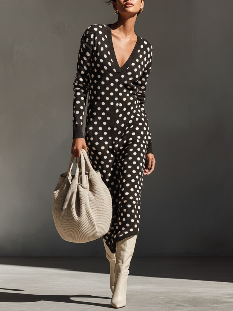 Women's Slim V-Neck Polka Dot Jacquard Knit Midi Dress MDA1640J3Y