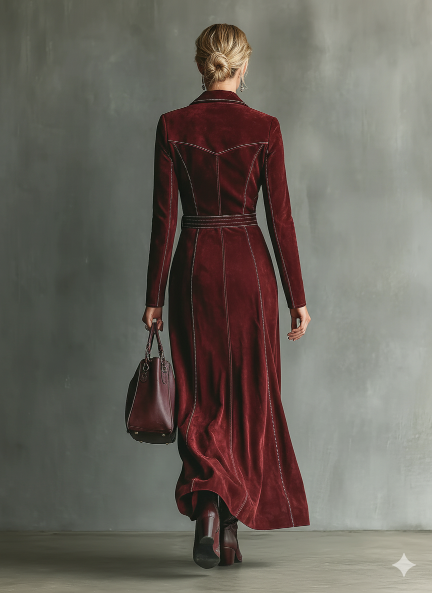 Women's Burgundy Retro Faux Suede Color-Contrast Maxi Dress MDA1321J3T