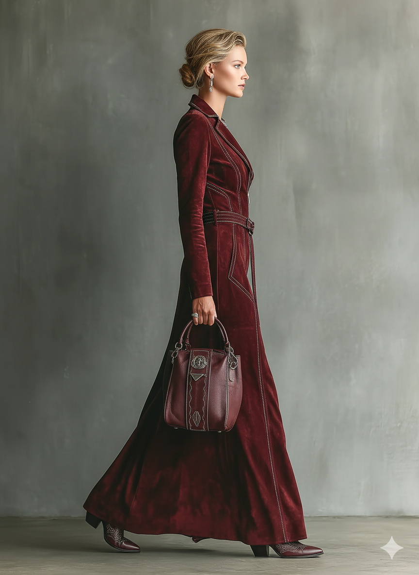 Women's Burgundy Retro Faux Suede Color-Contrast Maxi Dress MDA1321J3T