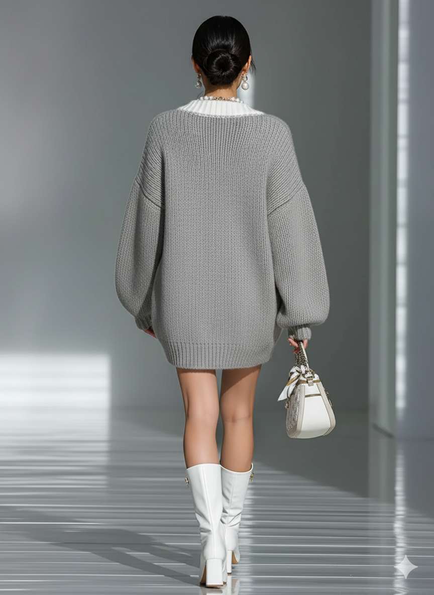 Women's Grey Knitted White Contrast Comfort Cardigan MDA1189J8T