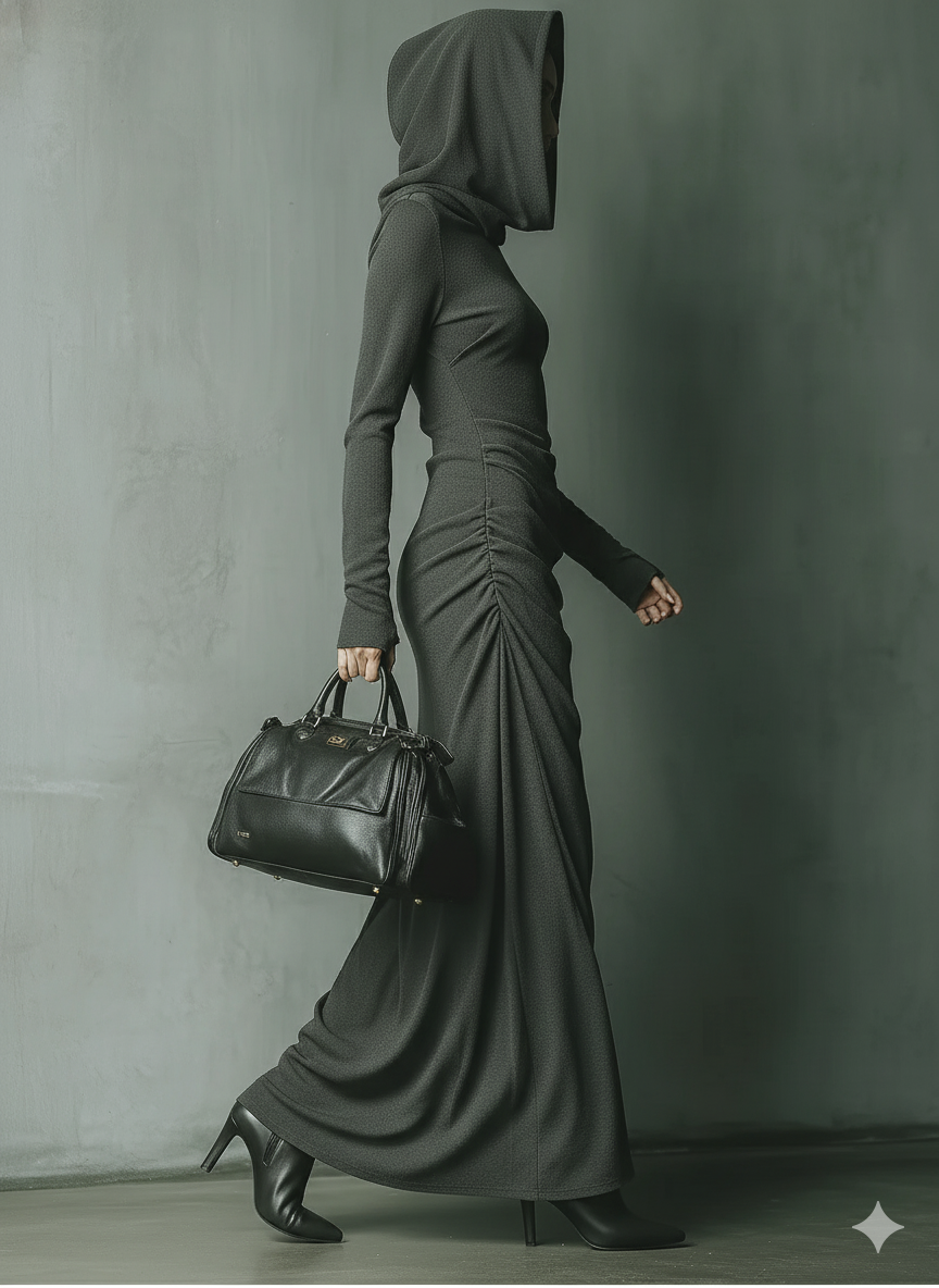 Women's Dark Grey High Elastic Knitted Hooded Maxi Dress MDA1303J1T