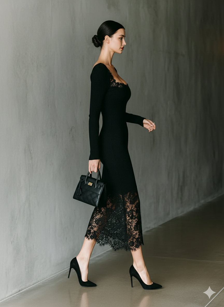 Women's Black Knitted Lace Patchwork All-match Dress MDA1177J2T