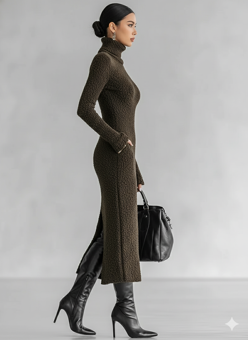 Women's Slim Fit Plush Knitted High Neck Side Slit Midi Dress MDA1401J4Y