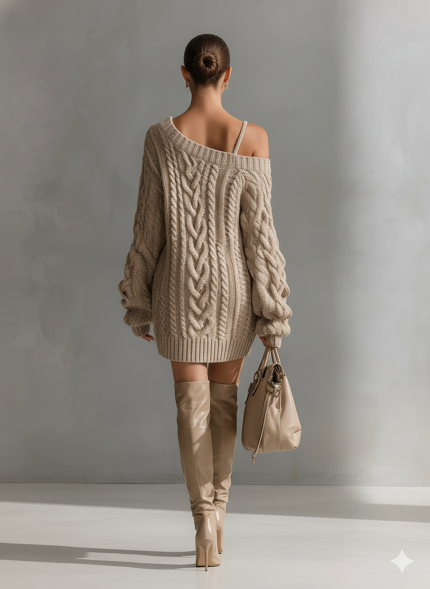 Women's Beige Cable Knit Off-the-Shoulder Fashion Mini Dress MDA1314J6T