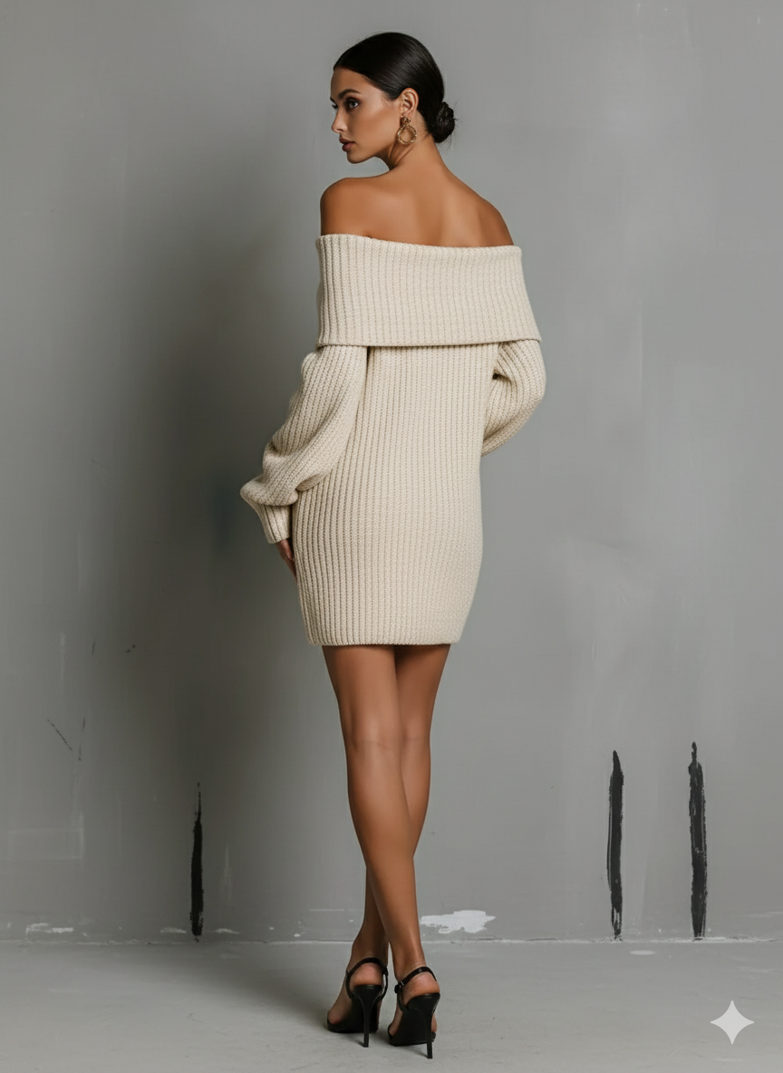 Women's Beige Elegant Rib Knit Off - Shoulder Oversized Sweater Dress MDA1697J2I