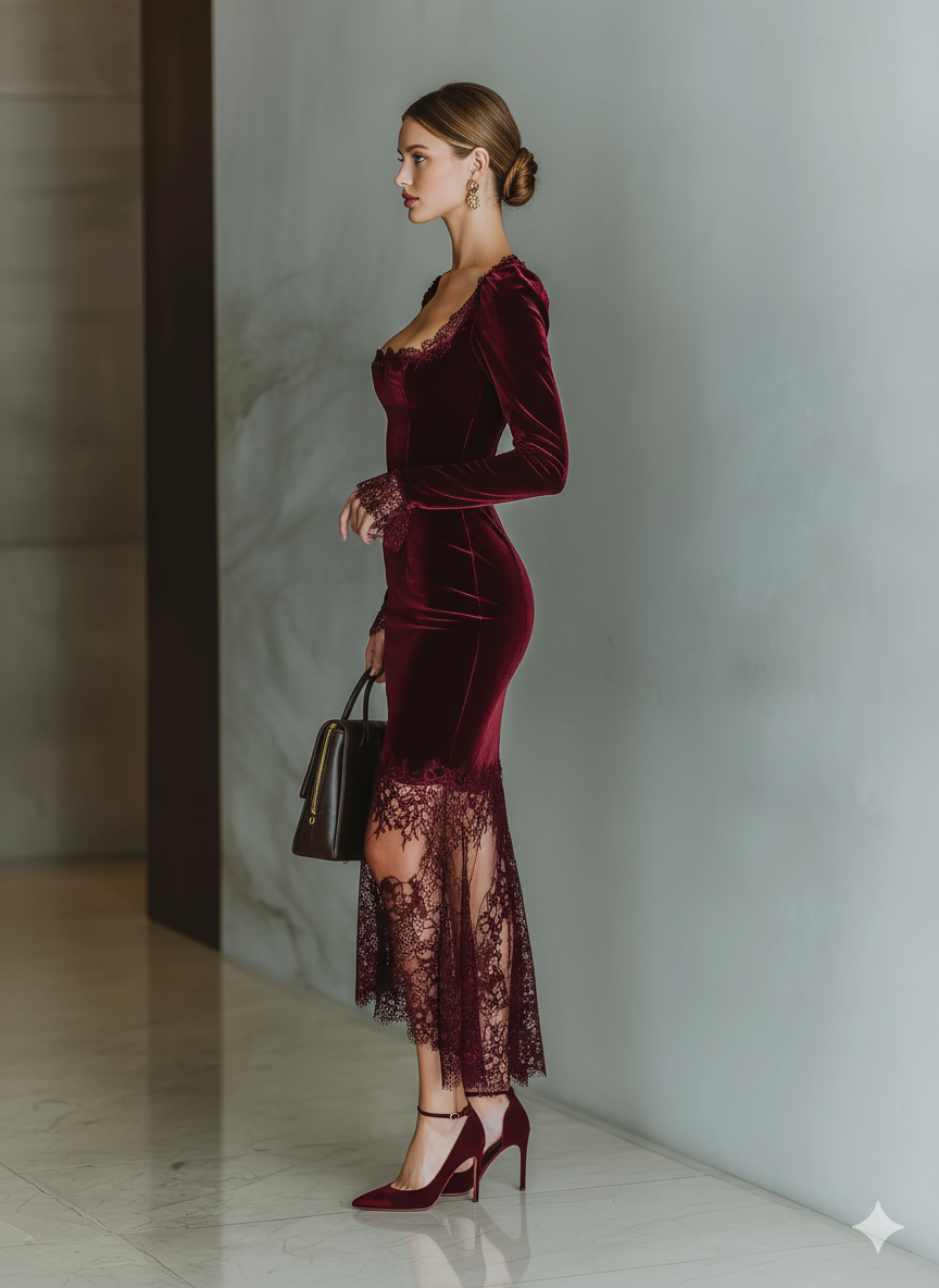 Women's Burgundy Velvet Lace Fitted Maxi Dress MDA1190J4T