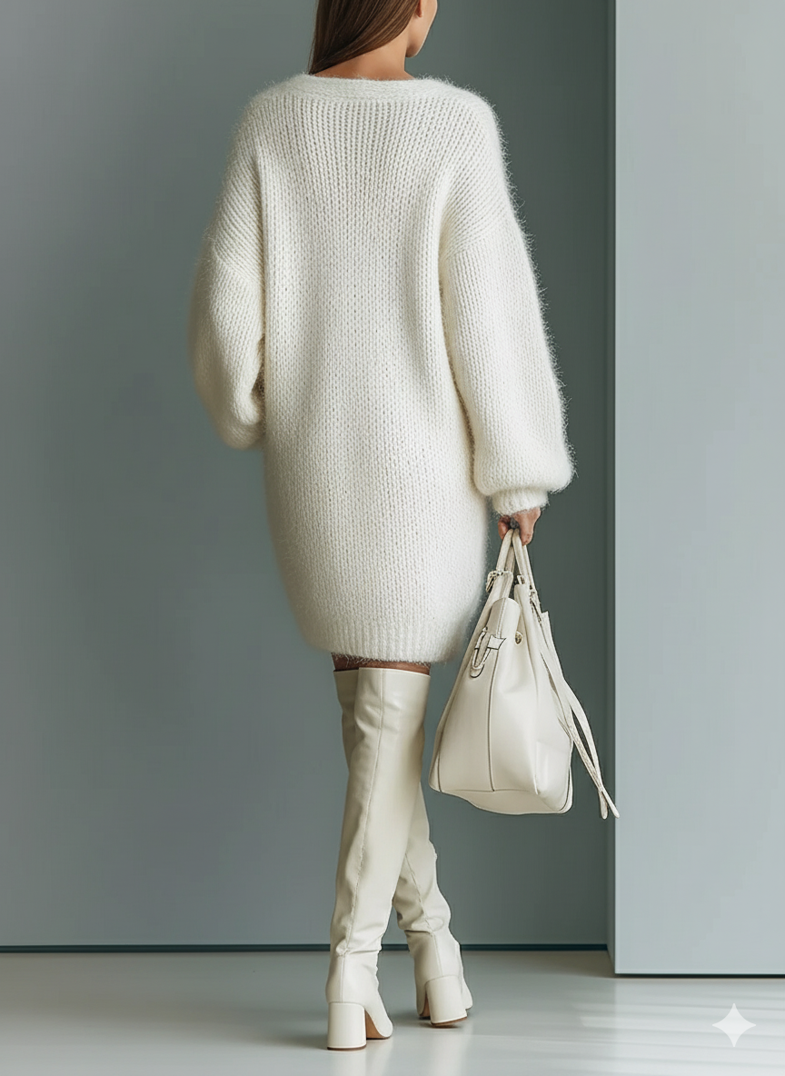 Women's White Elegant V - Neck Mini Sweater Dress MDA1331J0I