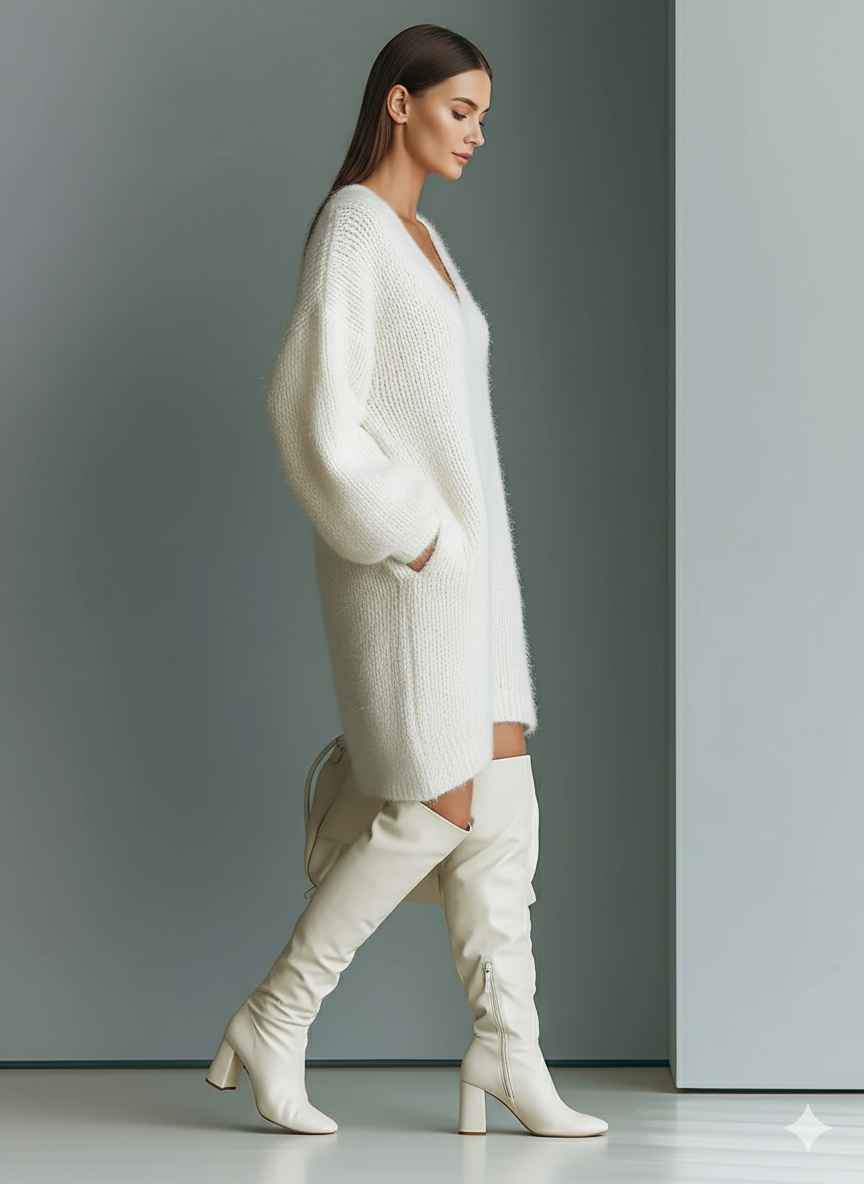 Women's White Elegant V - Neck Mini Sweater Dress MDA1331J0I