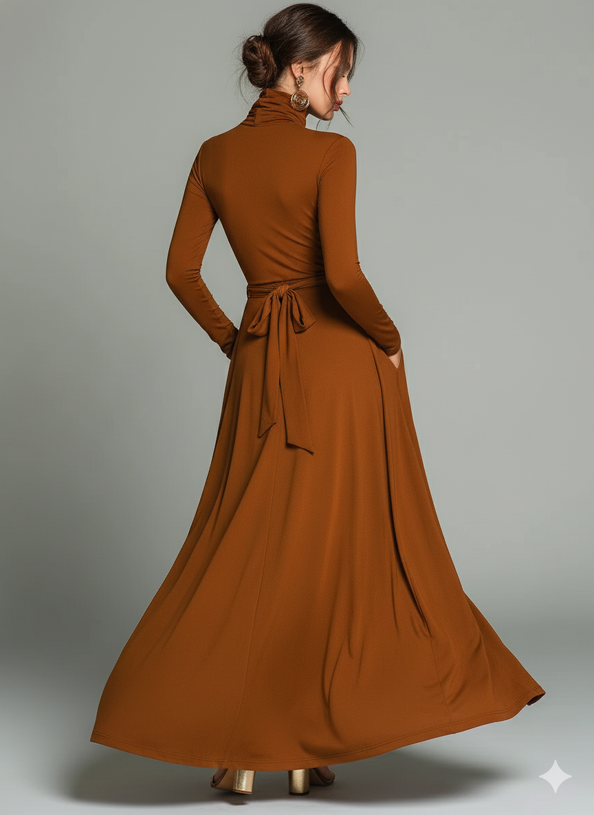 Women's Brown Elegant Stretch Polyester-Cotton Blend Turtleneck Belted Maxi Dress MDA1652J1I