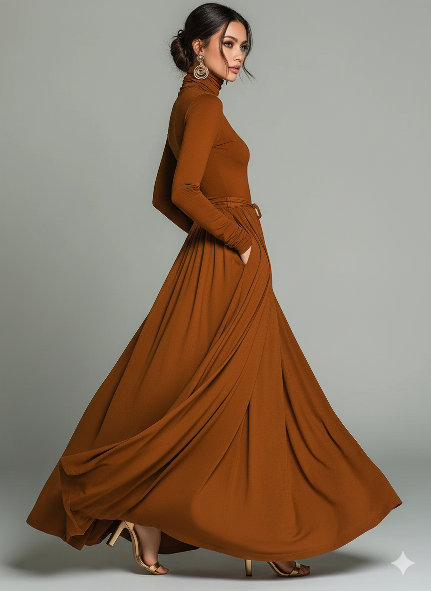 Women's Brown Elegant Stretch Polyester-Cotton Blend Turtleneck Belted Maxi Dress MDA1652J1I