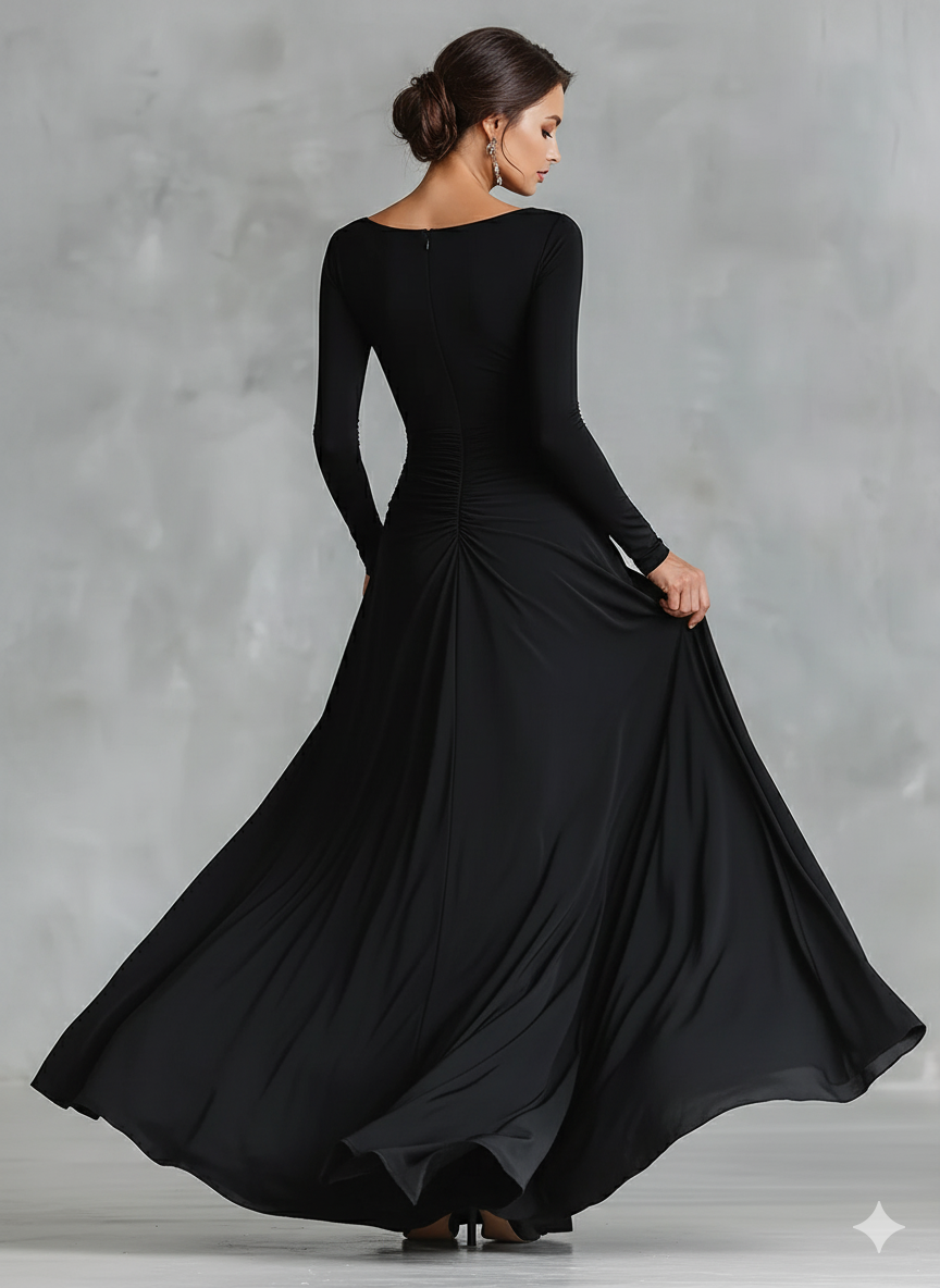 Women's Black Modern Crepe Ruched Boat - Neck Maxi Dress MDA1472J7I