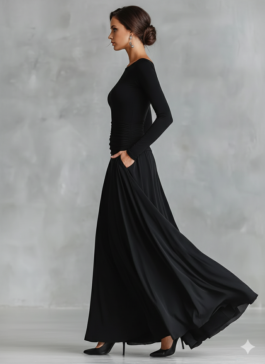 Women's Black Modern Crepe Ruched Boat - Neck Maxi Dress MDA1472J7I