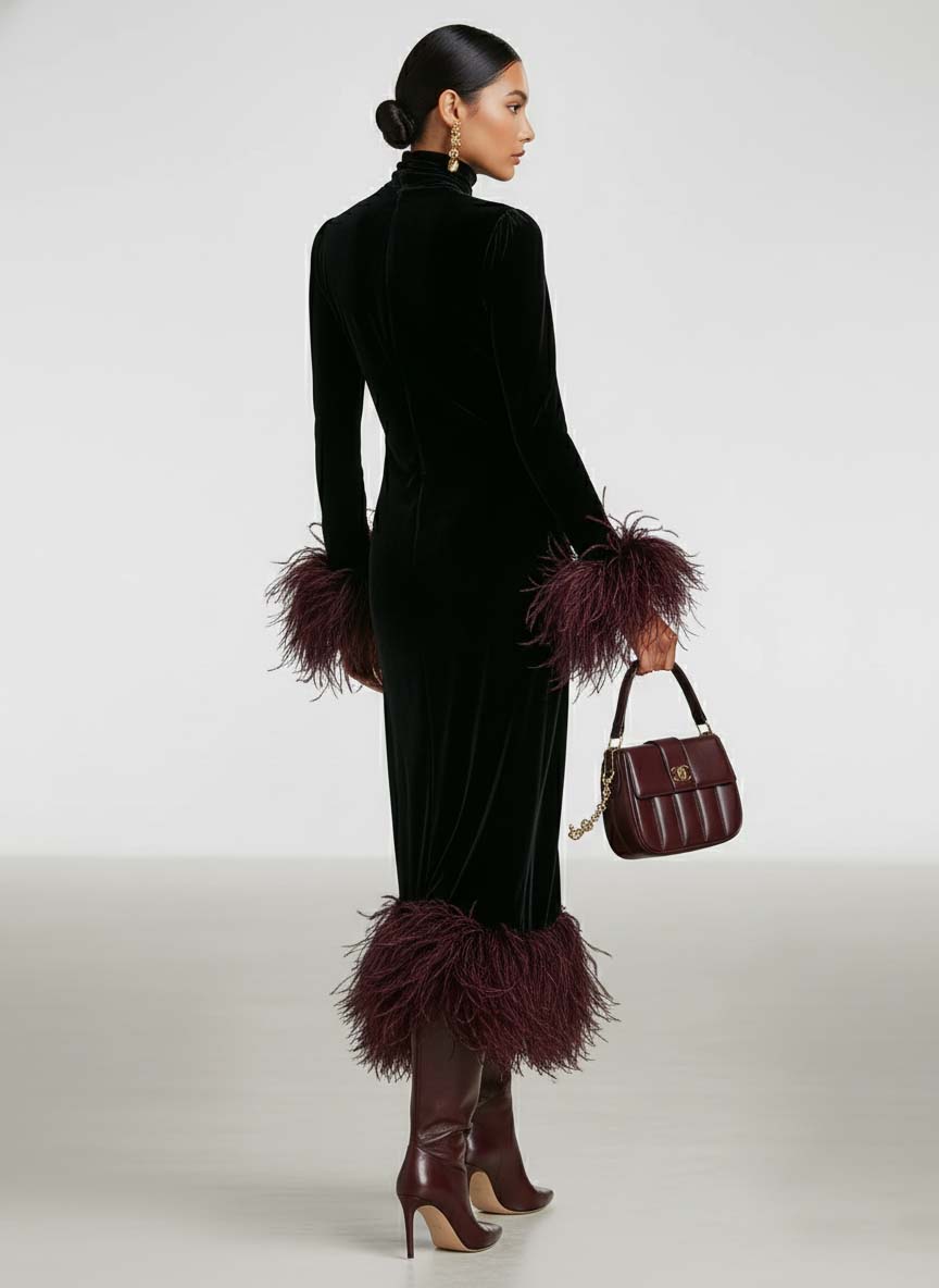Women's Minimalist Velvet Patchwork Faux Ostrich Feather Cuffs And Hem Maxi Dress MDA1174J9Y