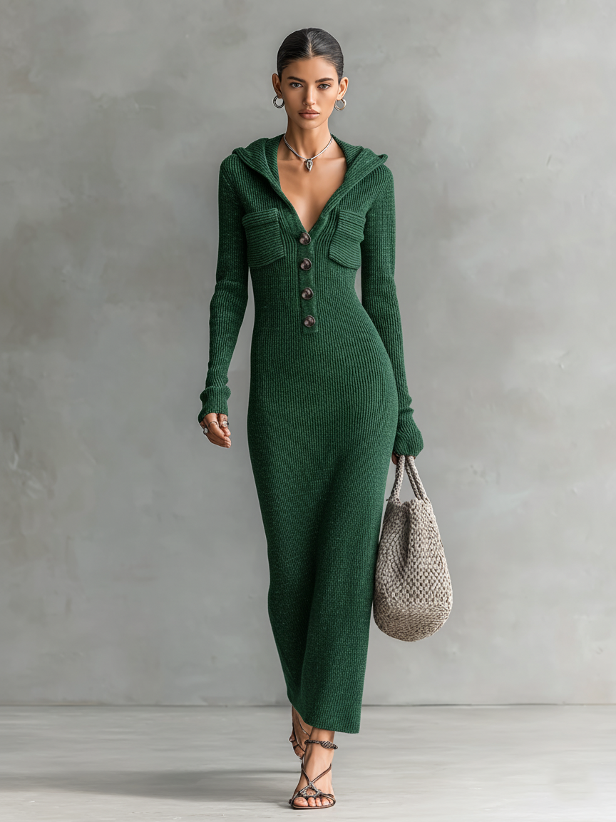 Women's Slim-fit Hooded Knitted Maxi Dress MDA1451H6Y