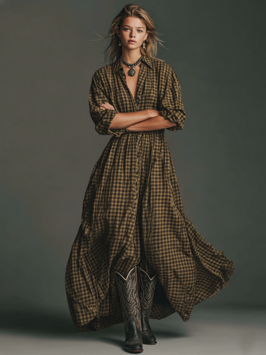 Women's Plaid Long Sleeve Shirt Maxi Dress MDA1241H2Y