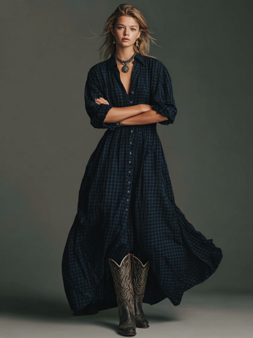 Women's Plaid Long Sleeve Shirt Maxi Dress MDA1241H2Y