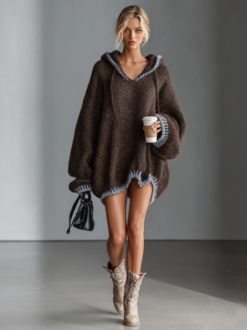 Women's Loose Hooded Pink Trimmed Knit Mini Dress MDA0255I8Y