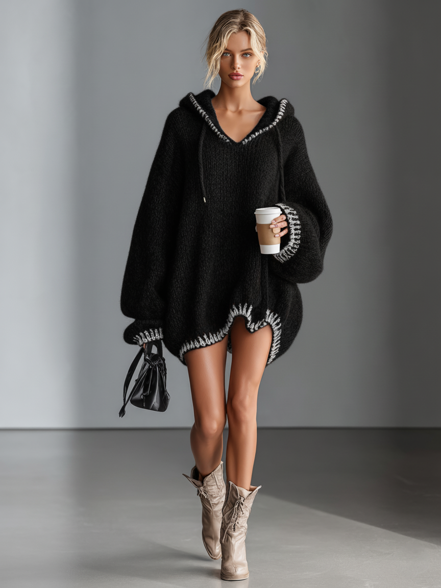 Women's Loose Hooded Pink Trimmed Knit Mini Dress MDA0255I8Y