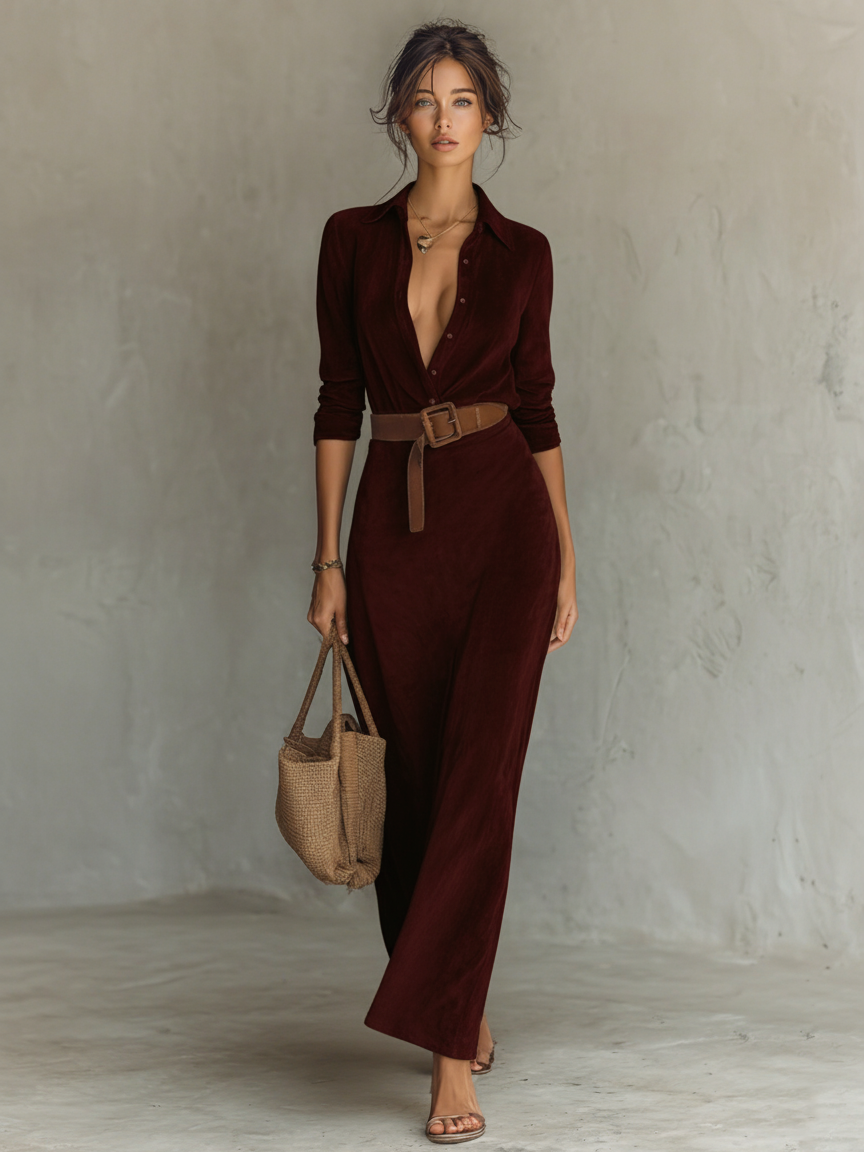 Women's Suede Single-breasted Lapel Belt Maxi Dress MDA1205H8Y – Modesees