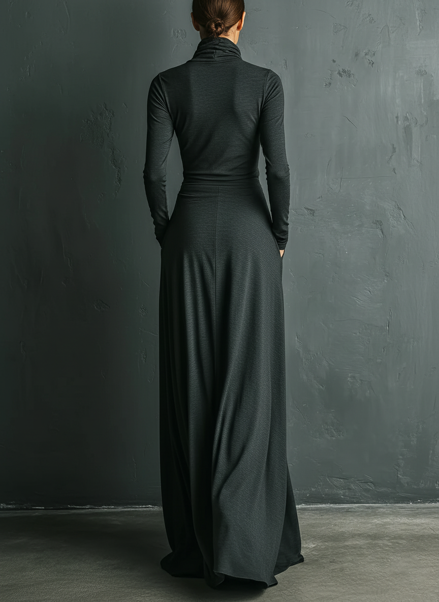 Women's Charcoal Elegant Stretch Polyester-Cotton Blend Turtleneck Draped Maxi Dress MDA1727J1I