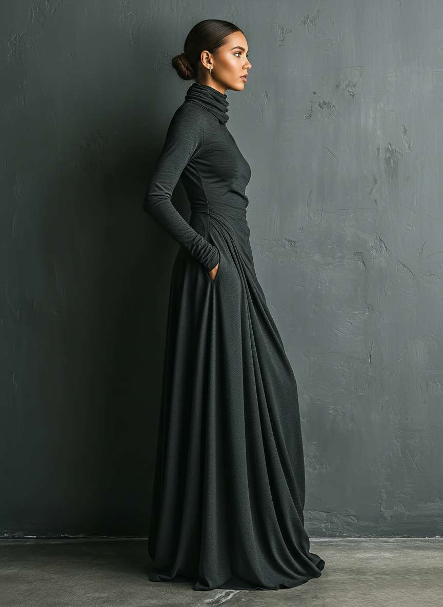 Women's Charcoal Elegant Stretch Polyester-Cotton Blend Turtleneck Draped Maxi Dress MDA1727J1I