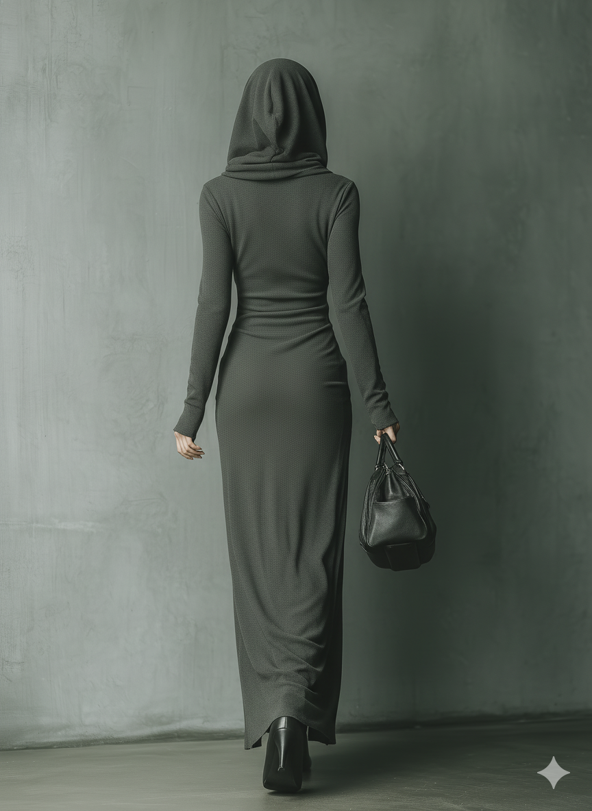 Women's Dark Grey High Elastic Knitted Hooded Maxi Dress MDA1303J1T