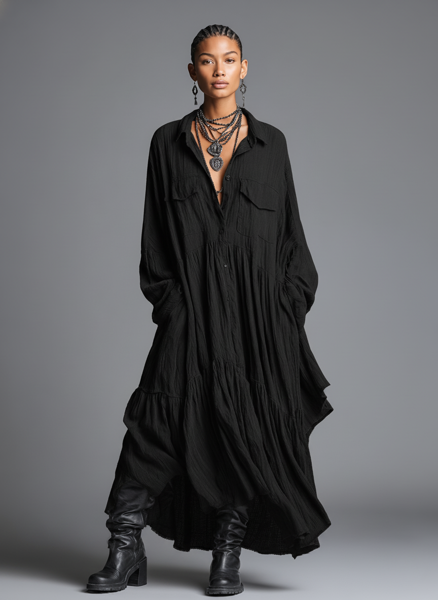 Women's Cotton And Linen Blend Loose Washed Shirt Maxi Dress MDA0486H7Y