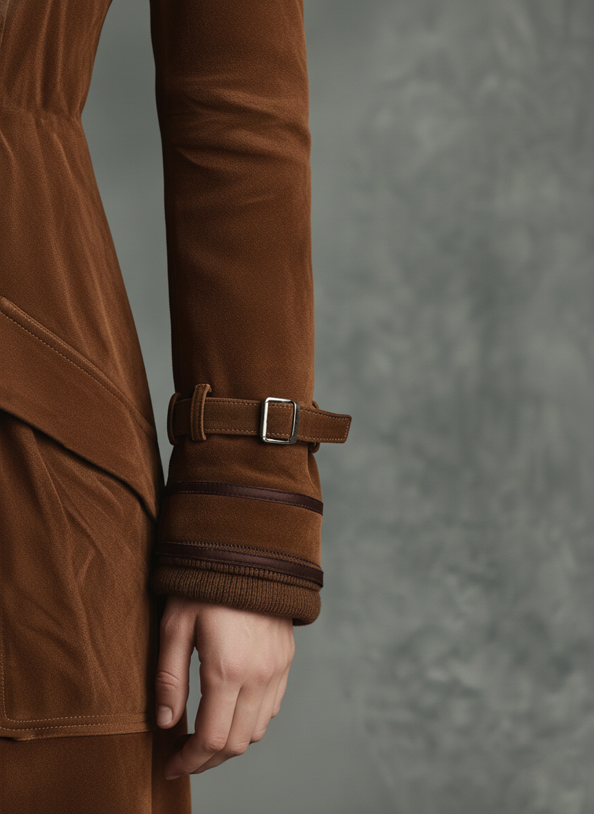 Women's Suede Trim Double-breasted Lapel Long Coat MDA2580H6Y