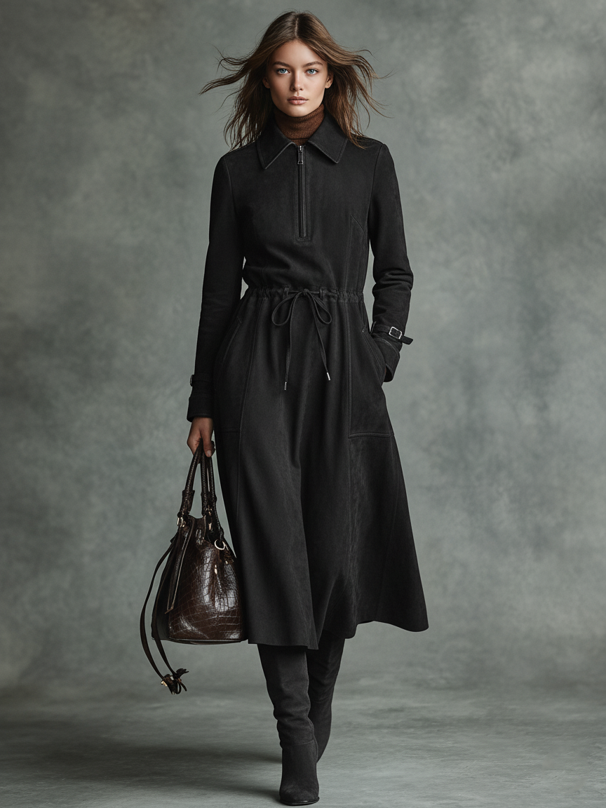 Women's Faux Suede Drawstring Zipper Lapel Midi Dress MDA2802J5Y