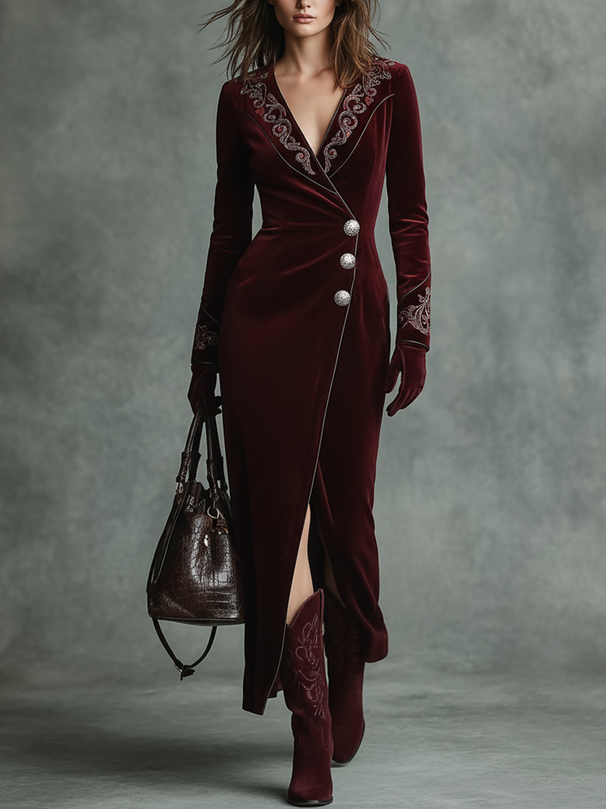 Women's V-neck Embroidered Fitted Waist Maxi Dress (gloves Not Included) MDA2896J4Y