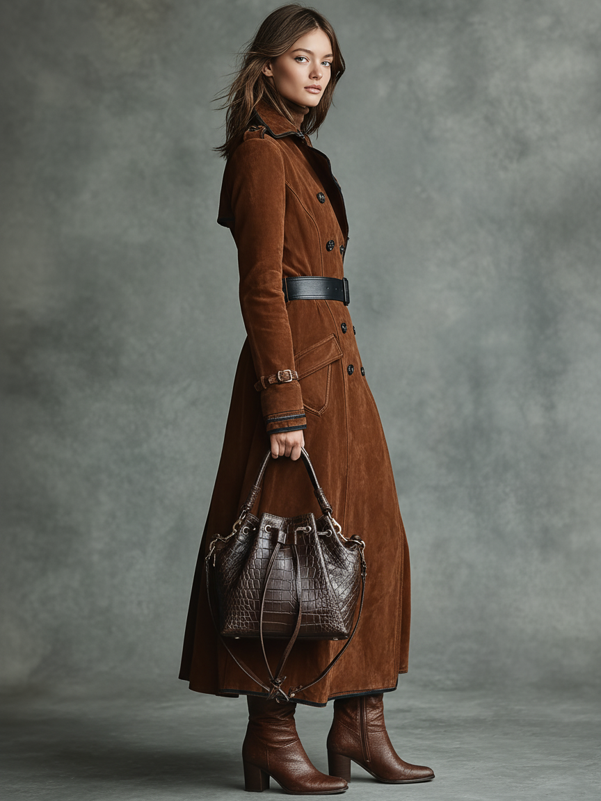 Women's Suede Black Trim Double-breasted Lapel Long Coat MDA2580H6Y