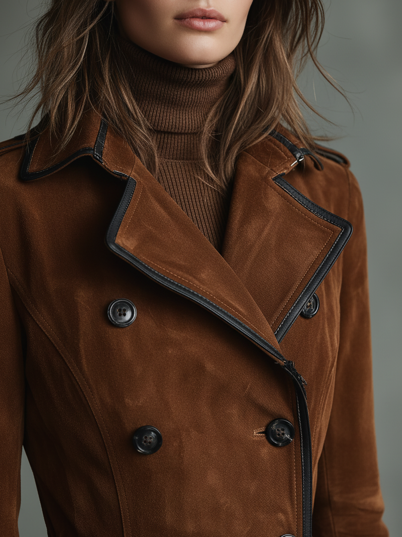 Women's Suede Black Trim Double-breasted Lapel Long Coat MDA2580H6Y