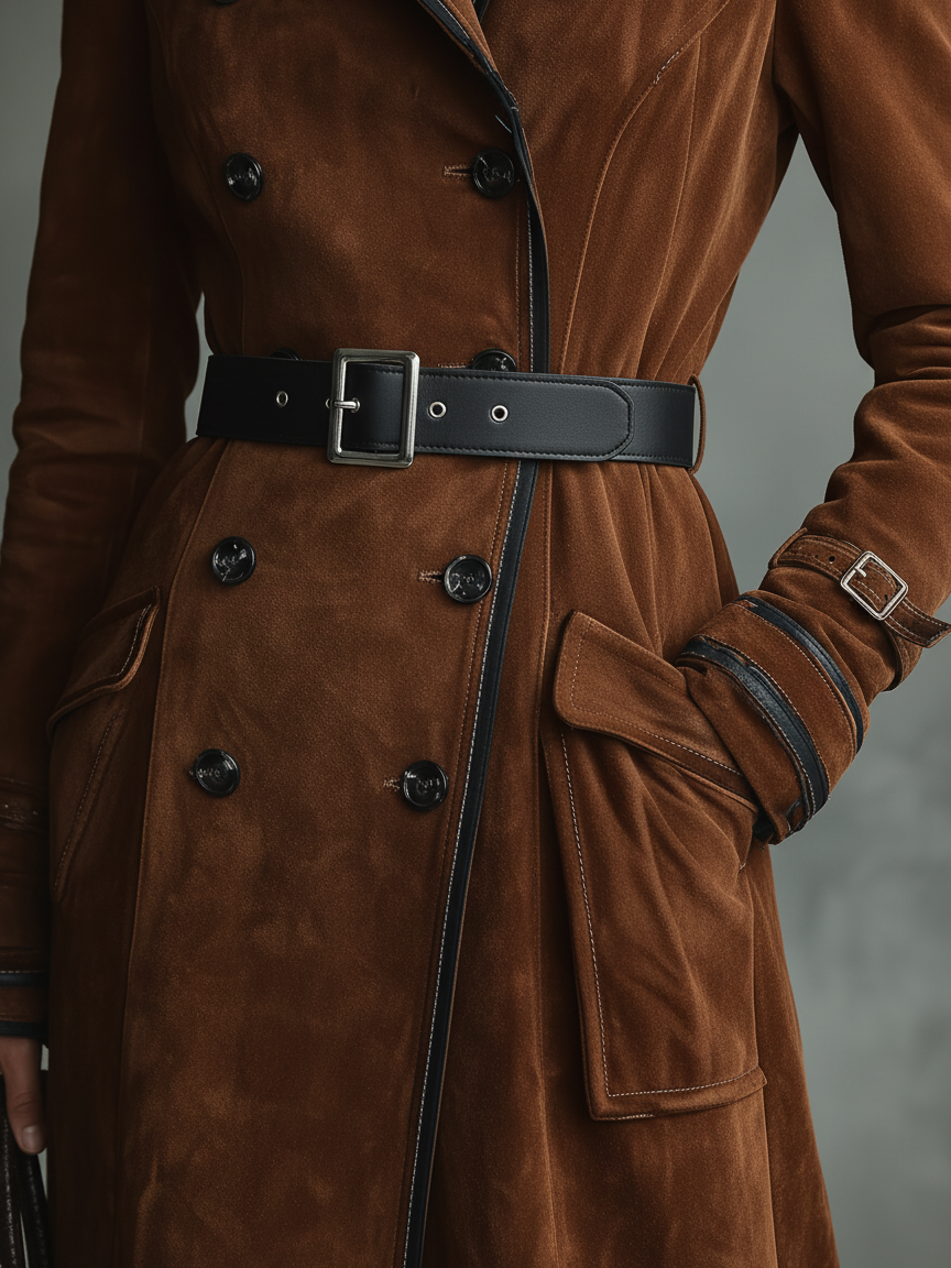 Women's Suede Black Trim Double-breasted Lapel Long Coat MDA2580H6Y