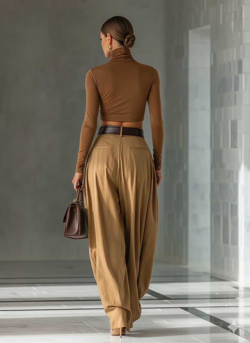 Women's Blended Brown Top And Wide-leg Pants Set MDA1209H0T