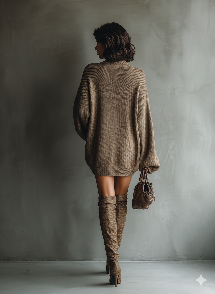 Women's Caramel Brown Vintage Style Knit Mini Dress MDA2367I6T