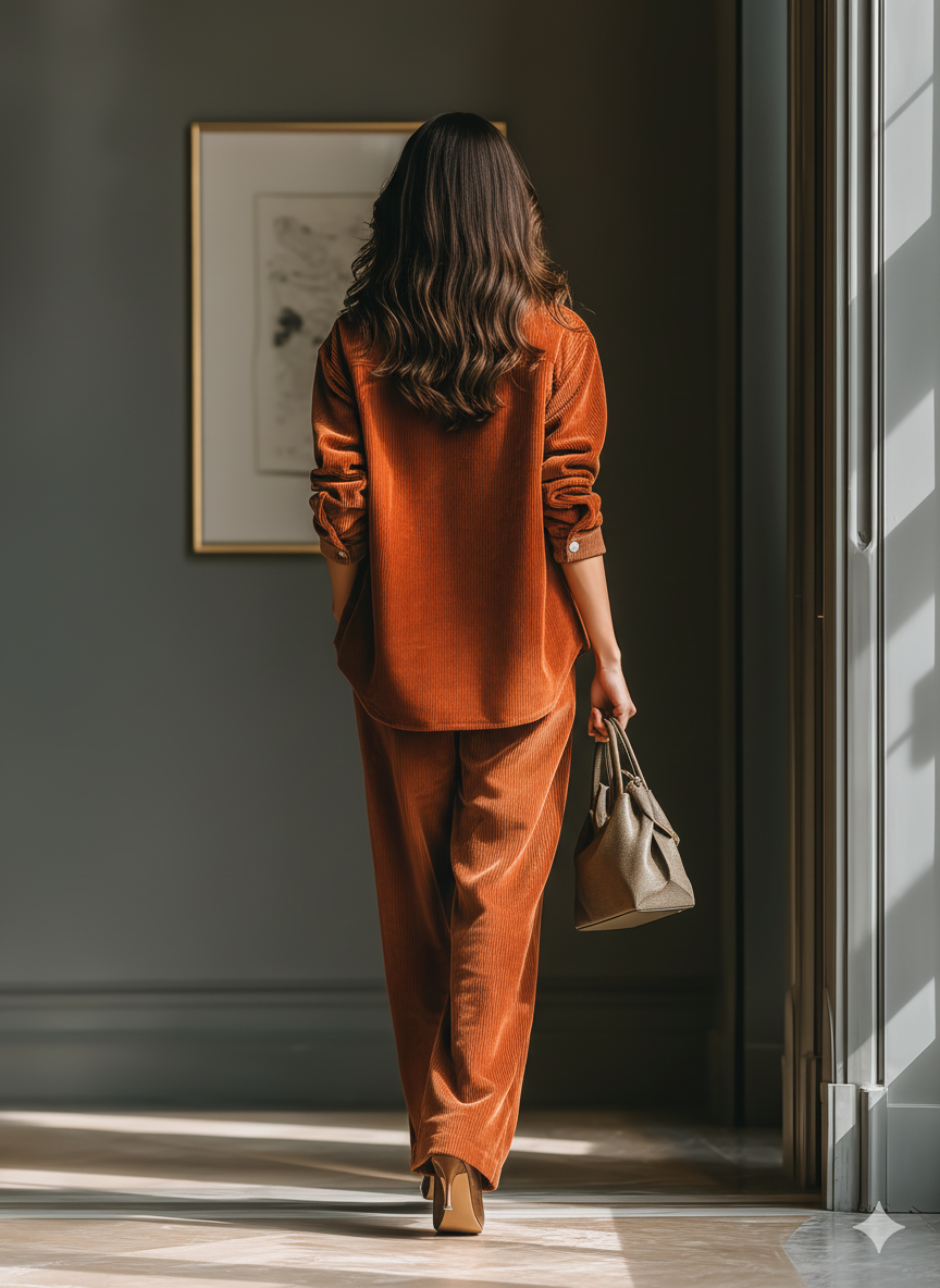 Women's Orange Corduroy Jacket And Pants Set MDA1935I2T