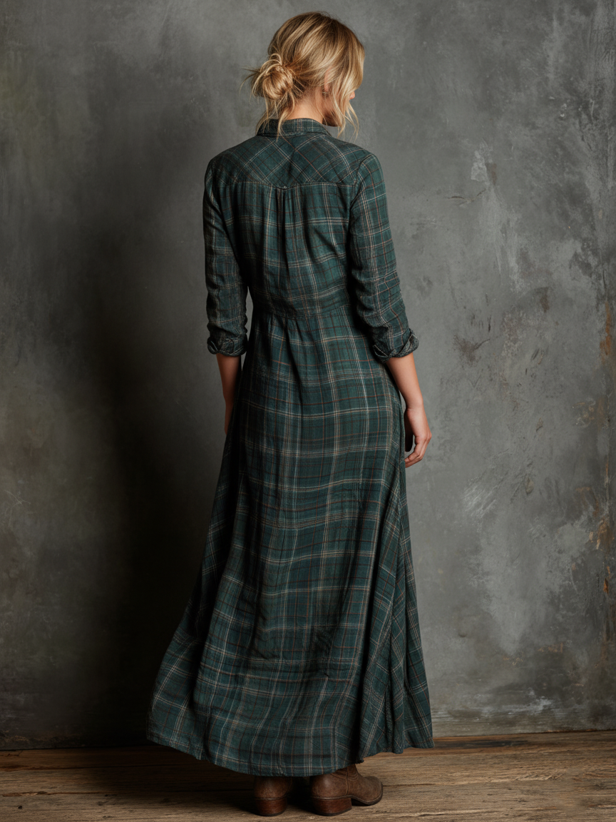 Women's Plaid Lapel Single-Breasted Shirt Maxi Dress MDA1249H1Y