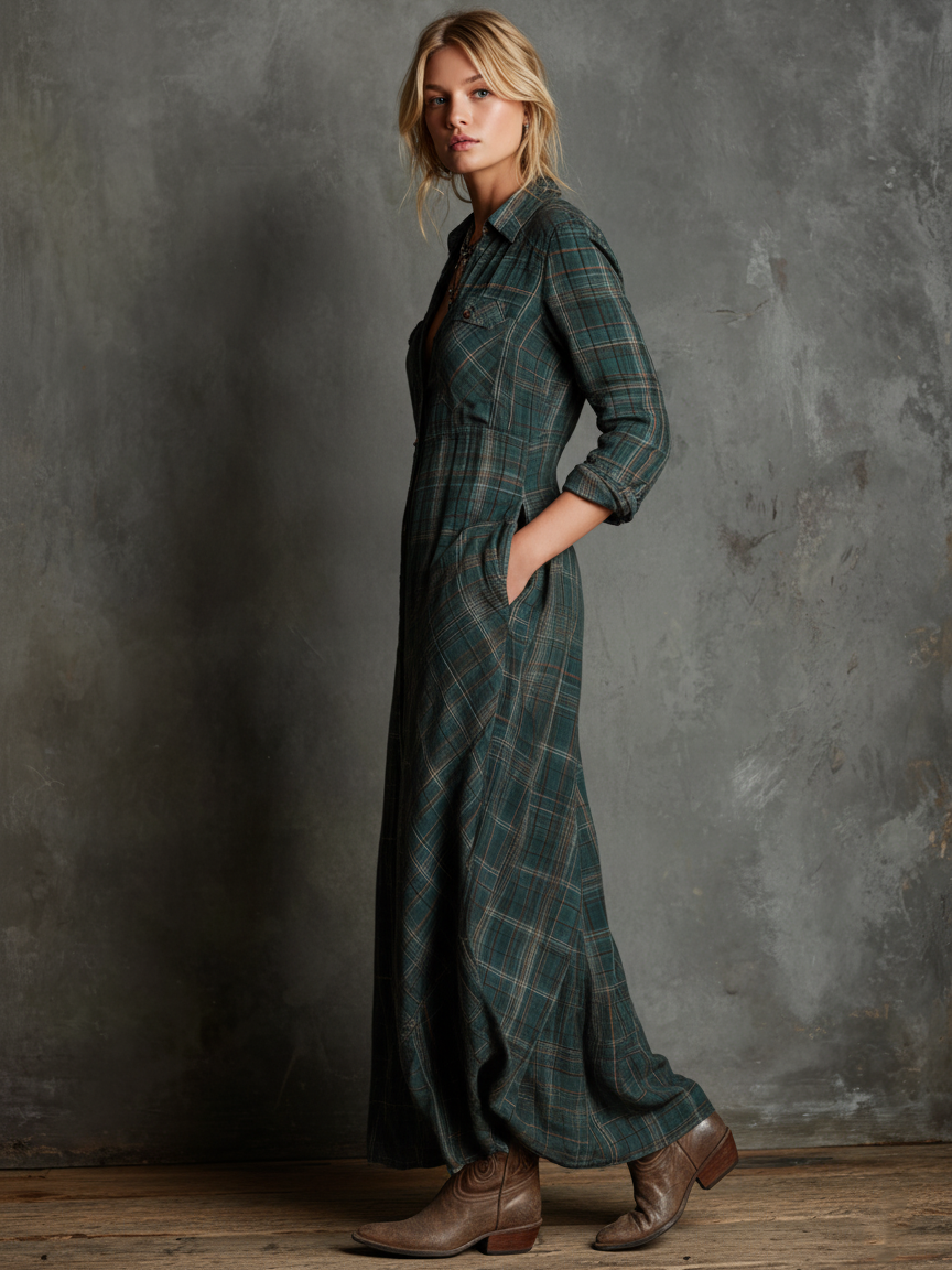 Women's Plaid Lapel Single-Breasted Shirt Maxi Dress MDA1249H1Y
